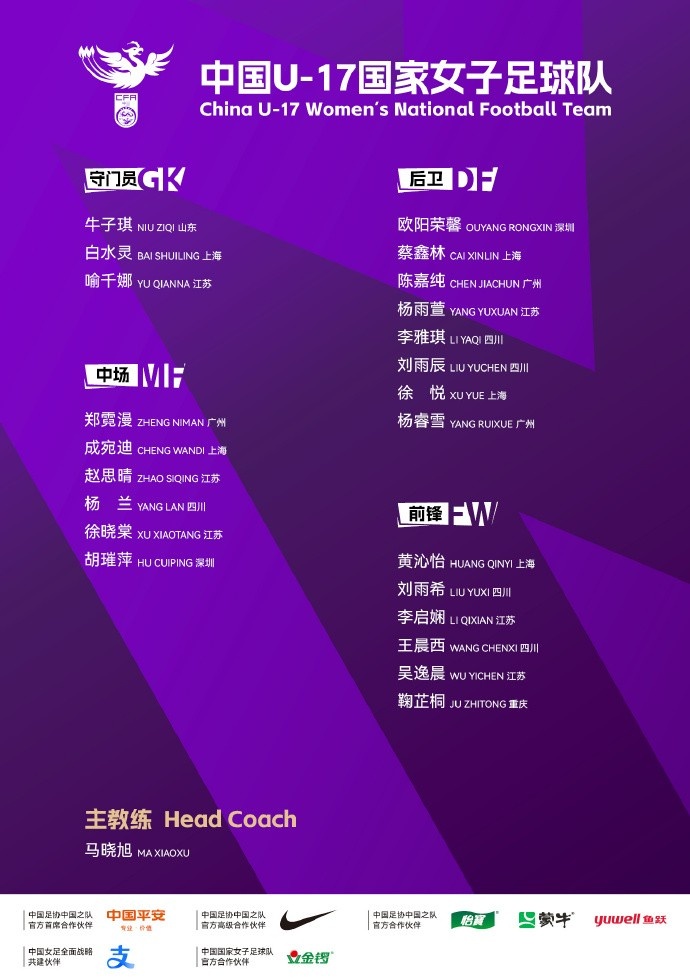 开云体育-U17女足亚洲杯，中国U-17国家女子足球队23人参赛名单公布